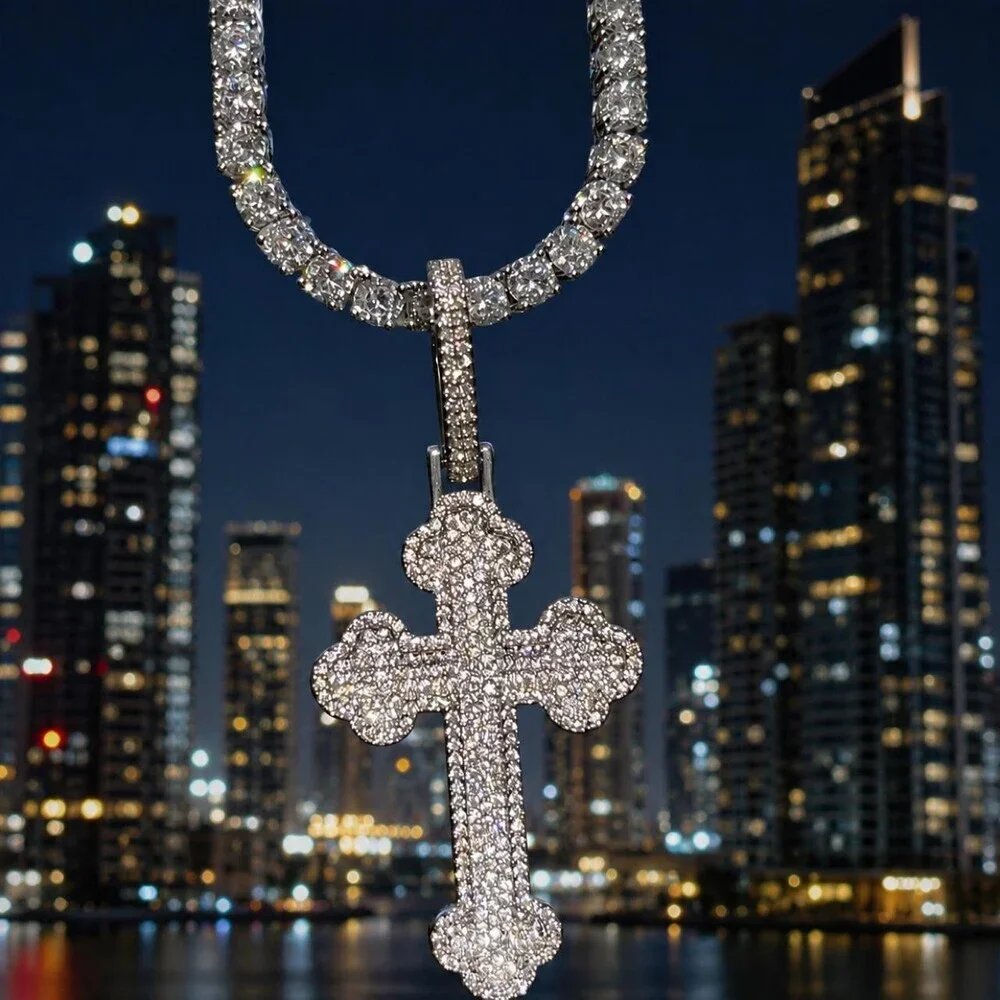 Silver Iced Tennis Cross Necklace 20inch
